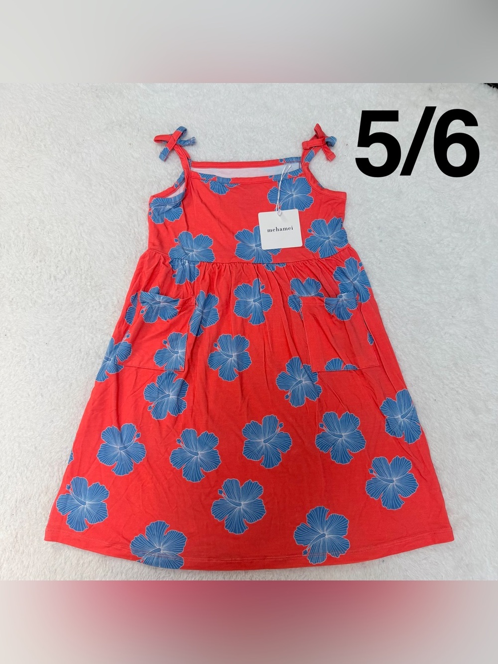Hawaii mehamei coral red sleeveless girls bamboo dress with tropical prints 5/6